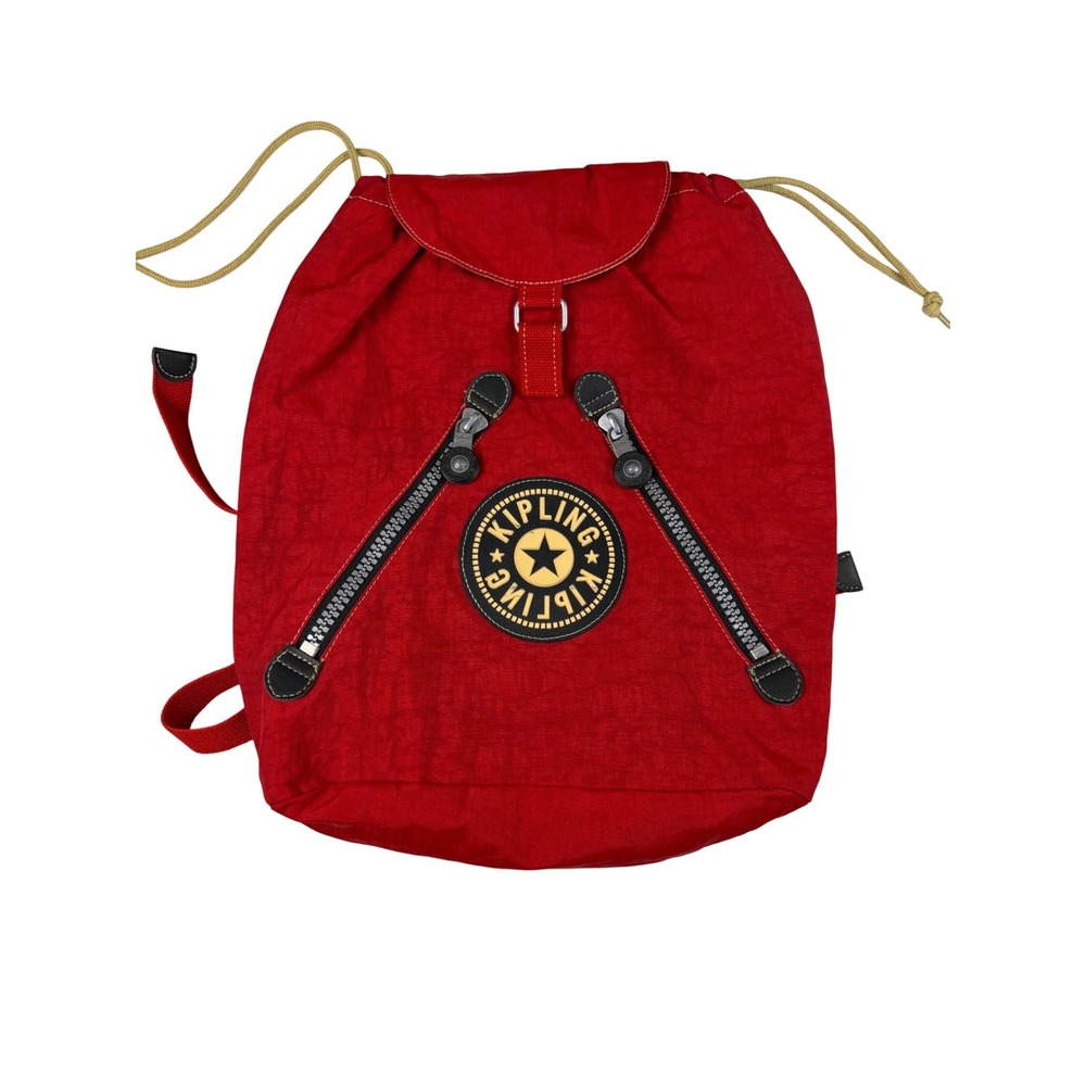 Vintage Kipling Red Drawstring Backpack‎ Rucksack Front Zip Pockets